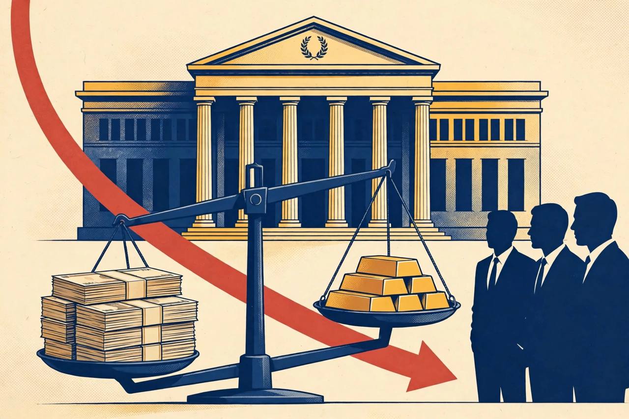 Editorial illustration of a central bank building with a balance scale holding currency stacks and gold bars and a downward red arrow