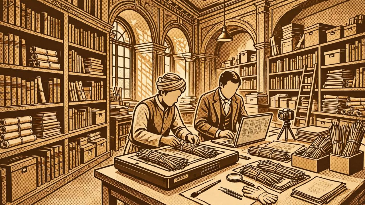 Editorial illustration of ancient Indian manuscripts being digitised in a grand library by generic archivists