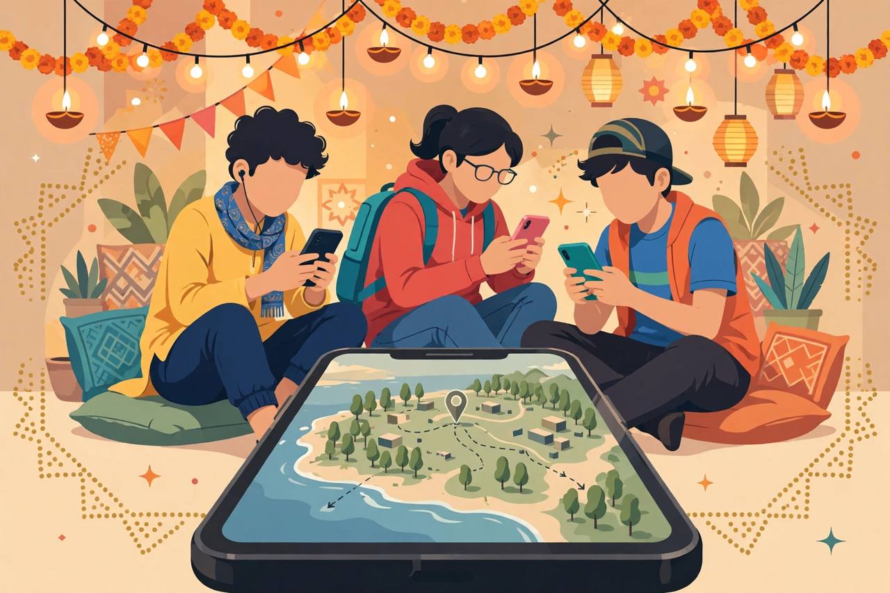 Editorial illustration of young gamers with smartphones under Diwali lights, with a phone showing a generic island battleground map
