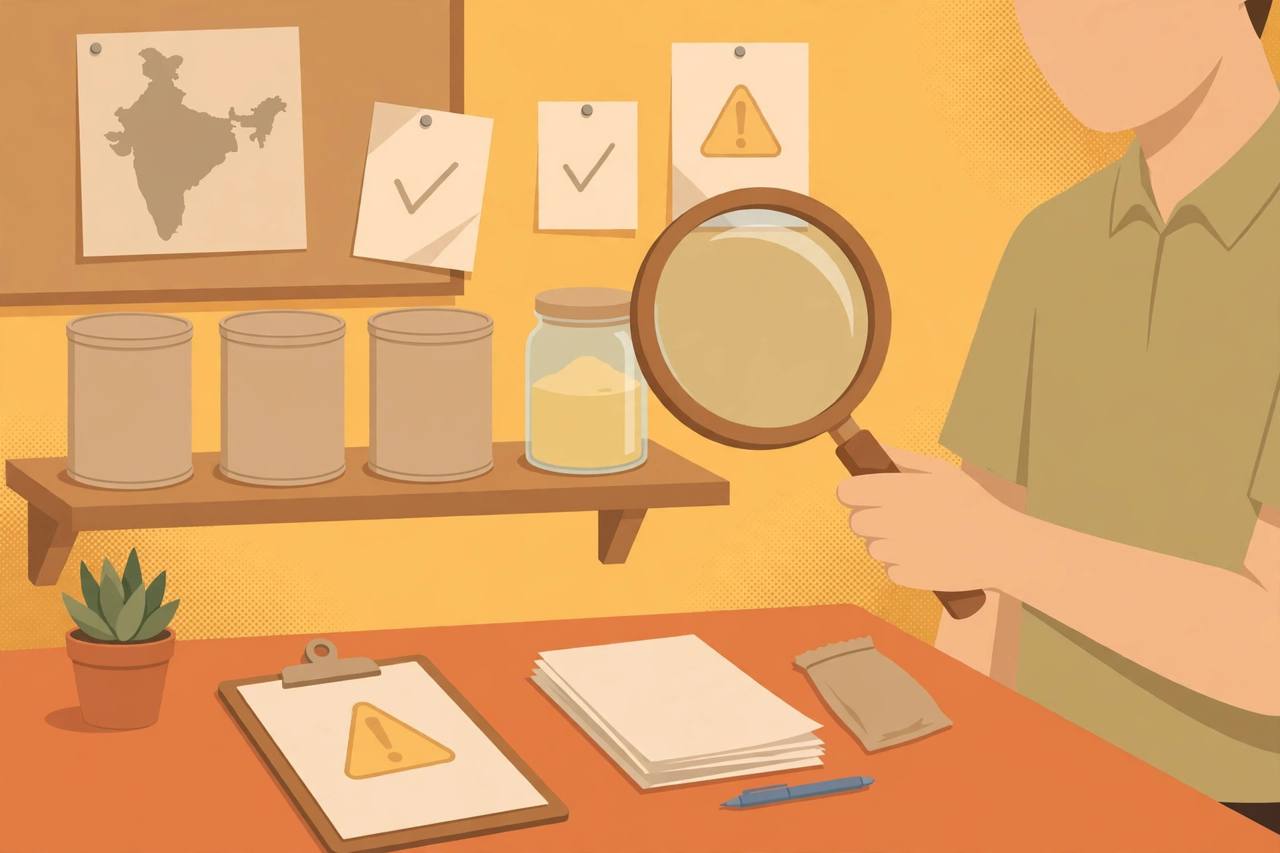 Editorial illustration of a generic food safety official examining unbranded infant formula tins and a health-drink jar with a magnifying glass - flat style, no real person's face, no text