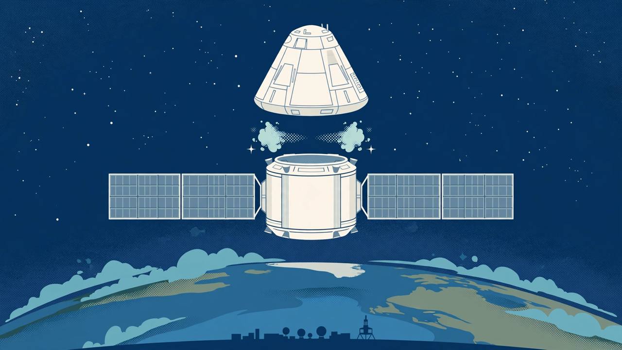 Editorial illustration of a crew capsule separating from its service module in orbit above Earth