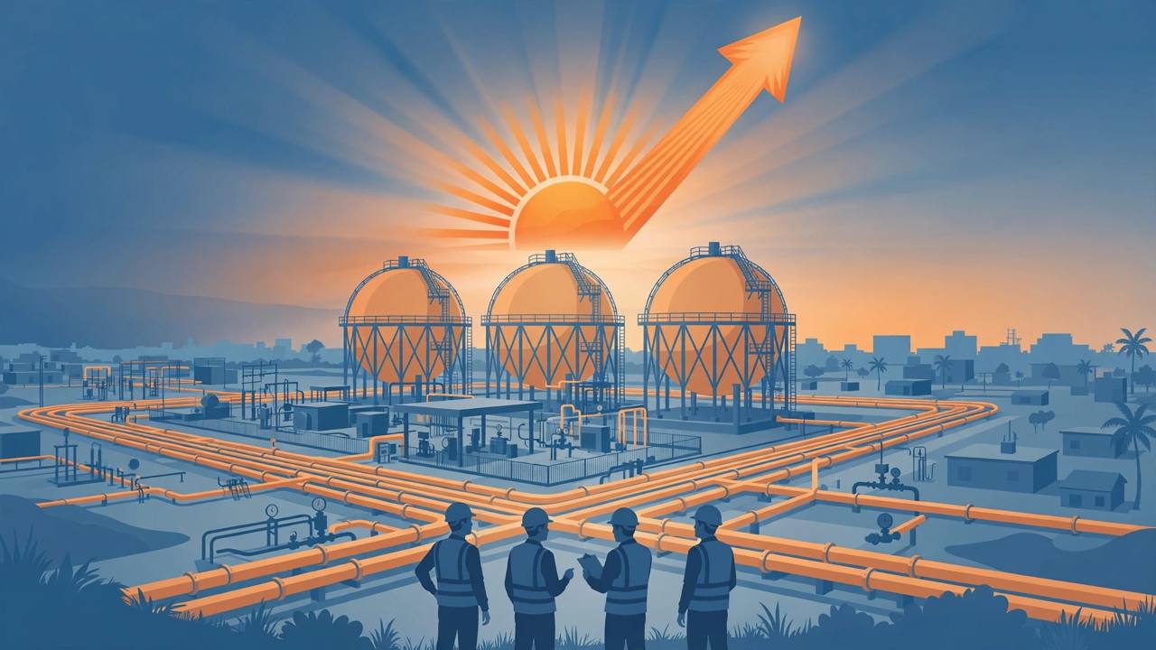 Editorial illustration of a natural gas pipeline network and city gas station with storage spheres at dawn