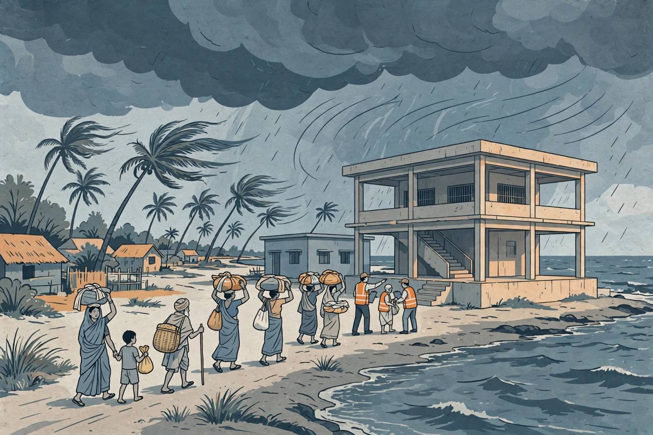 Editorial illustration of generic coastal families walking to a cyclone shelter in Odisha as storm clouds gather