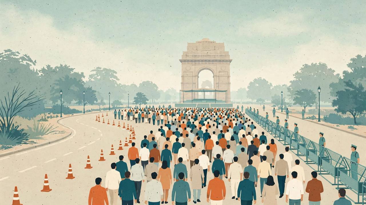 Editorial illustration of a peaceful crowd marching down a wide New Delhi avenue past police barricades and traffic cones toward a rally ground