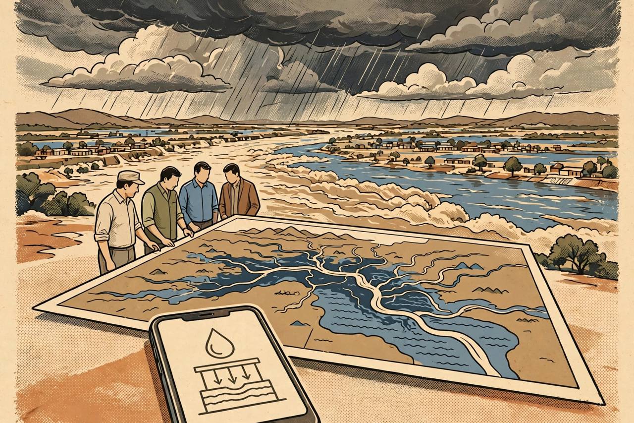 Editorial illustration of a wide river basin with flood water, officials around a basin map table and a smartphone showing a groundwater recharge symbol