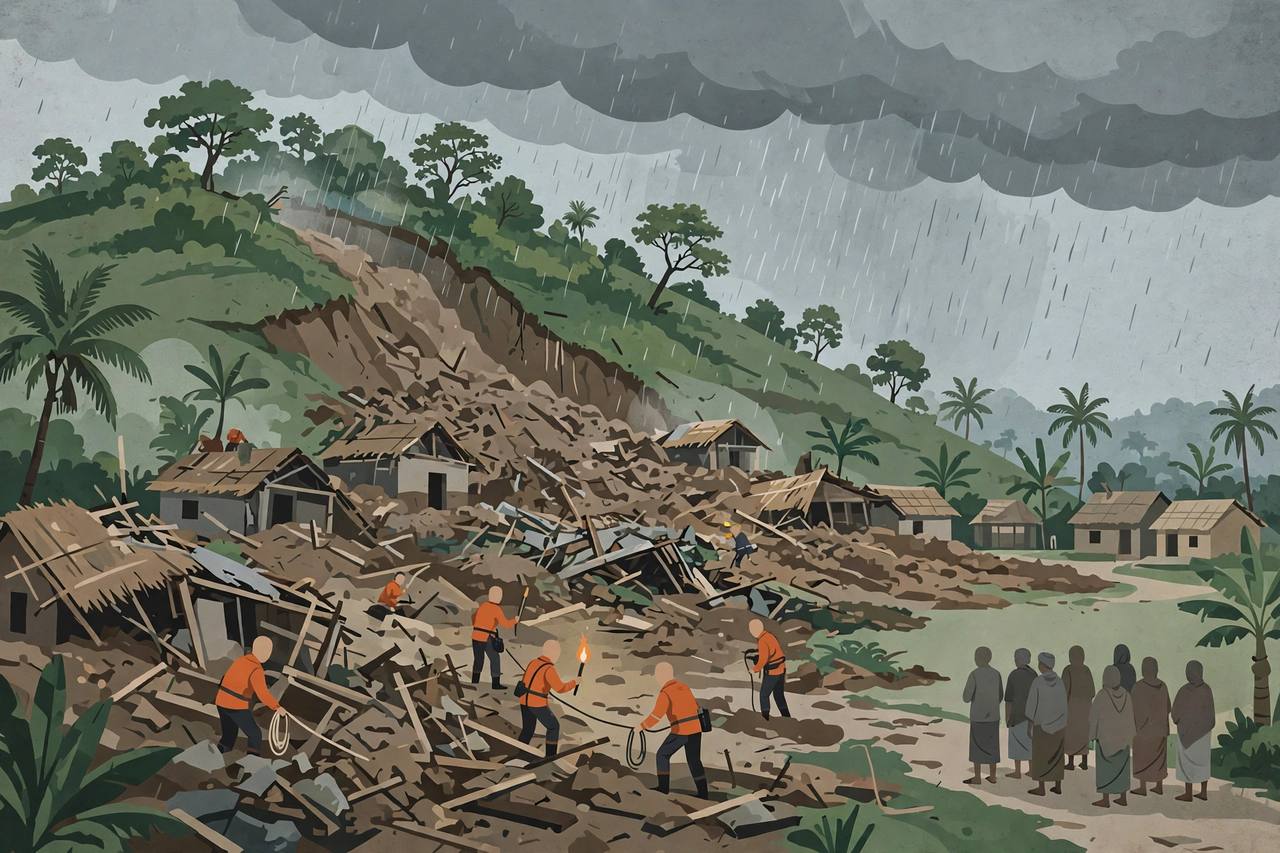 Editorial illustration of rescue workers in orange jackets searching through landslide debris below a rain-soaked hillside village in Ganjam, Odisha