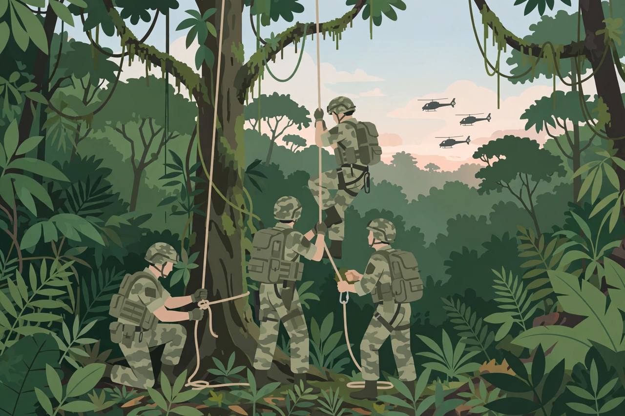 Editorial illustration of generic special forces soldiers training together in dense jungle terrain at dawn