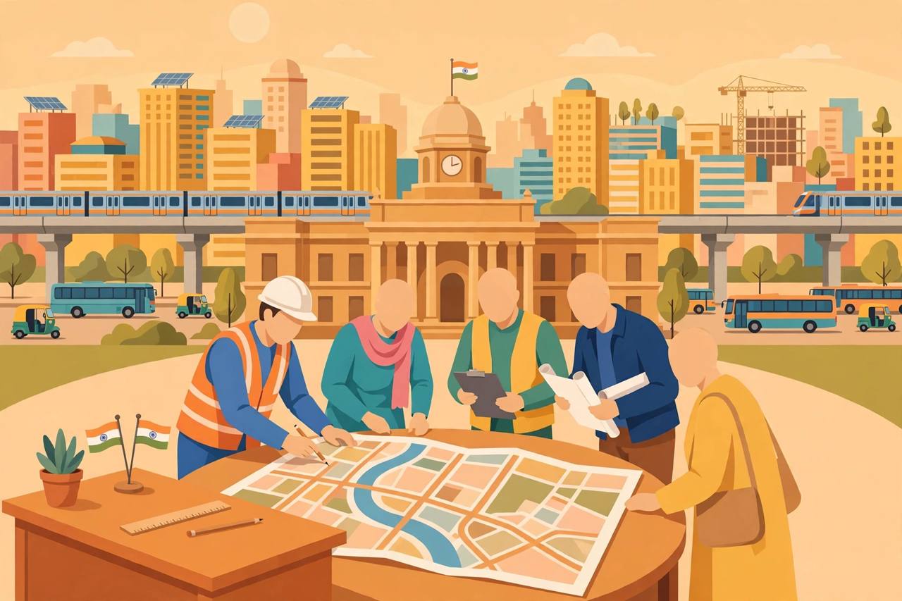 Editorial illustration of an Indian city skyline with a municipal town hall, a city planning table with generic citizens and officials, and a metro train and buses in the background