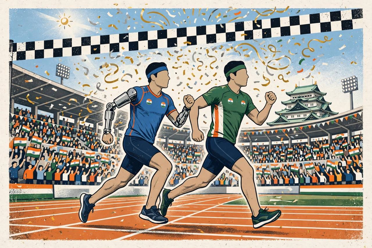 Editorial illustration of two generic Indian para-sprinters racing to a 1-2 finish in the men's 100m at the Asian Para Games in Nagoya