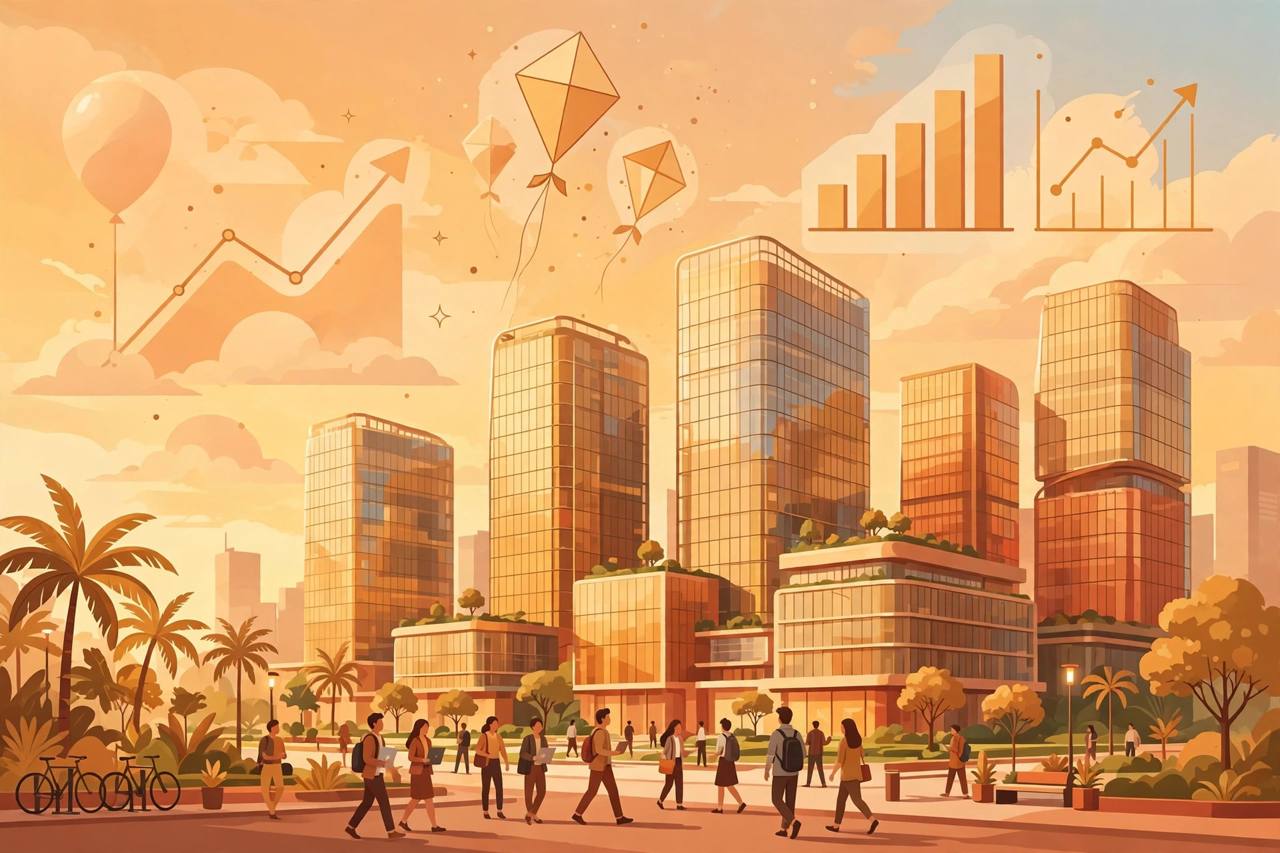 Editorial illustration of modern tech office towers in an Indian city with generic young professionals and rising charts