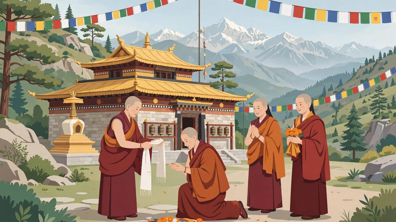 Editorial illustration of Tibetan Buddhist nuns in maroon robes at a temple in Dharamshala