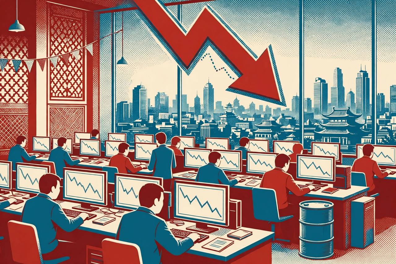 Editorial illustration of an Indian stock exchange floor with a downward market chart, generic traders and an oil barrel - no real person's face