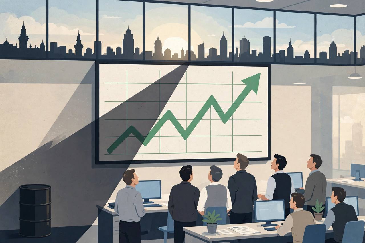 Editorial illustration of generic traders watching a large green rising chart at a stock exchange opening, with an oil barrel casting a shadow over part of the chart