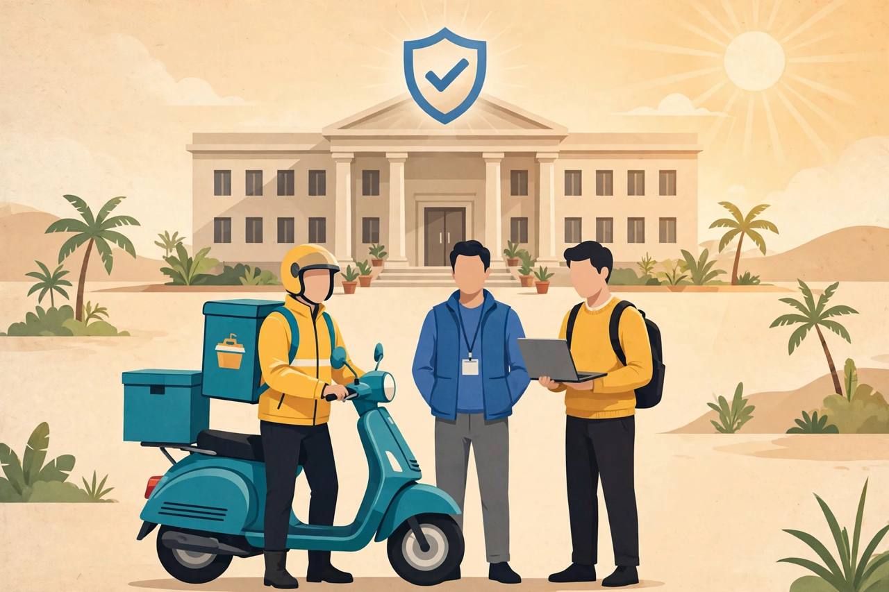 Editorial illustration of a food delivery rider, a ride-hailing driver and a freelance worker standing together in front of a government office building with a protective shield above them
