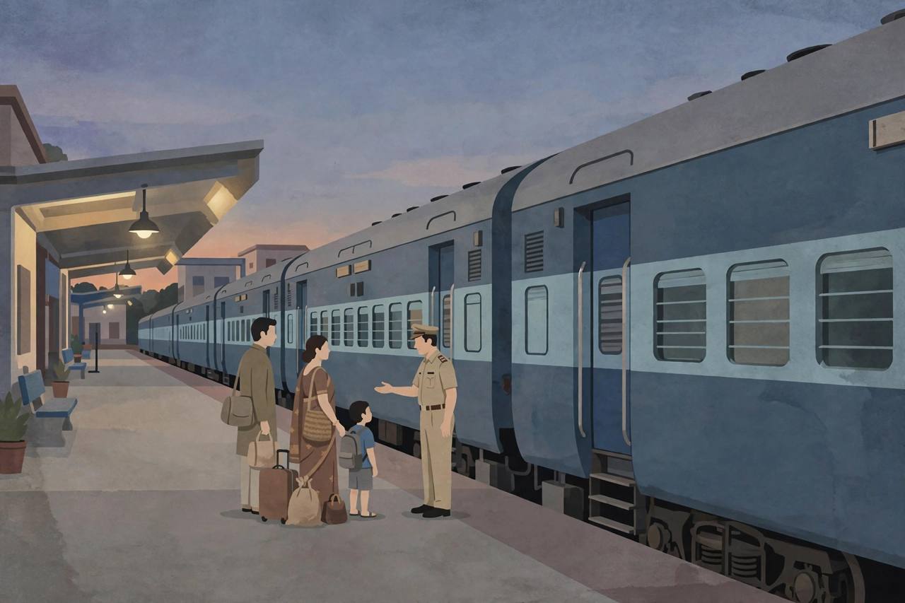 Editorial illustration of a family with luggage speaking to a railway official beside a stopped express train at a station at dusk