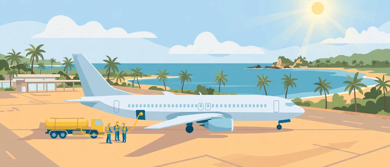 Editorial illustration of a passenger jet being refuelled at a sunny coastal airport in Goa with palm trees and the sea behind; no real person depicted