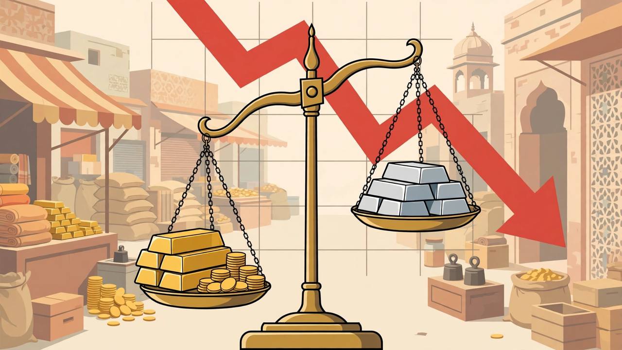 Editorial illustration of a bullion balance scale with gold bars and coins on one side and silver bars on the other, against a falling red price arrow in a Delhi market