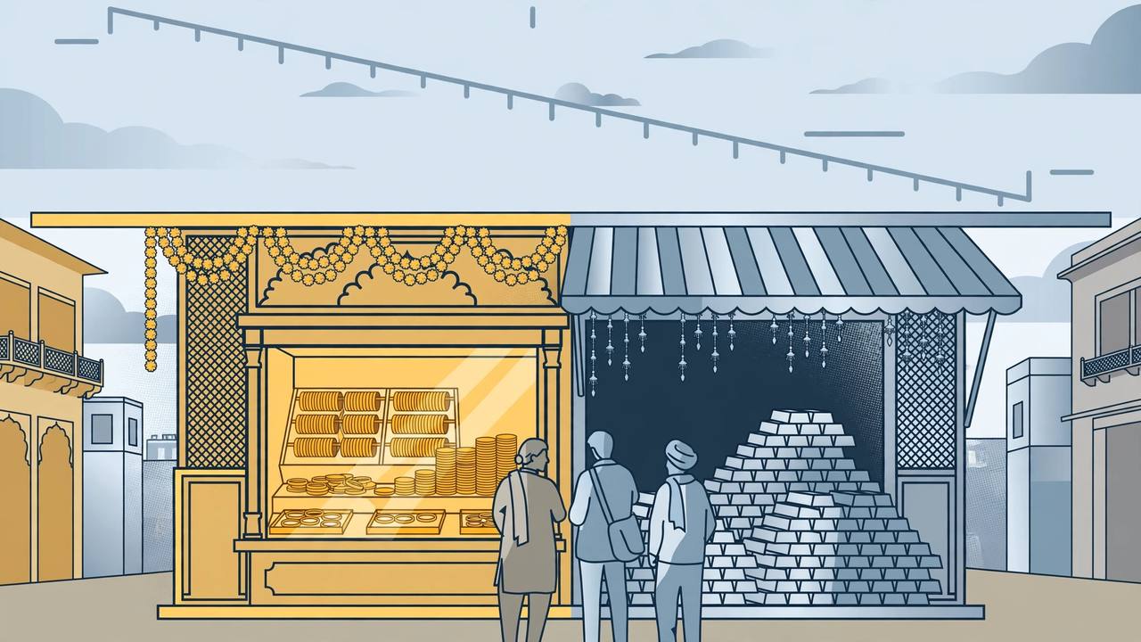 Editorial illustration of a Delhi bullion market shopfront with gold jewellery and silver bars and a downward price line above