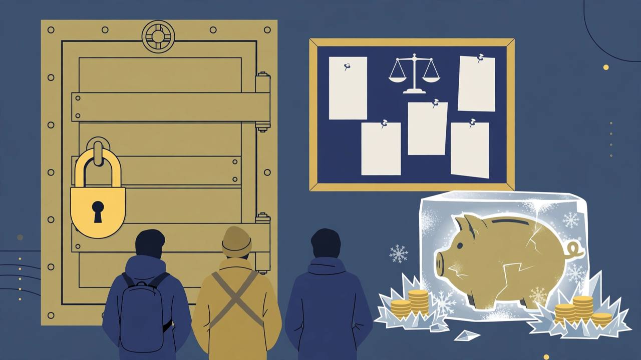 Editorial illustration of a locked gold vault door, generic savers outside, a regulator notice board and a piggy bank frozen in ice with gold coins