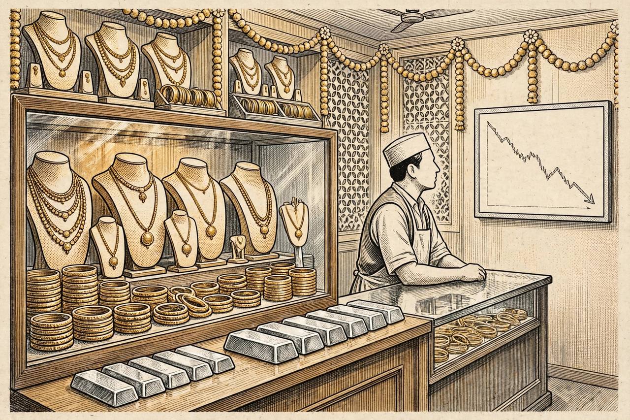 Editorial illustration of a jewellery shop with gold ornaments, silver bars and a falling price chart