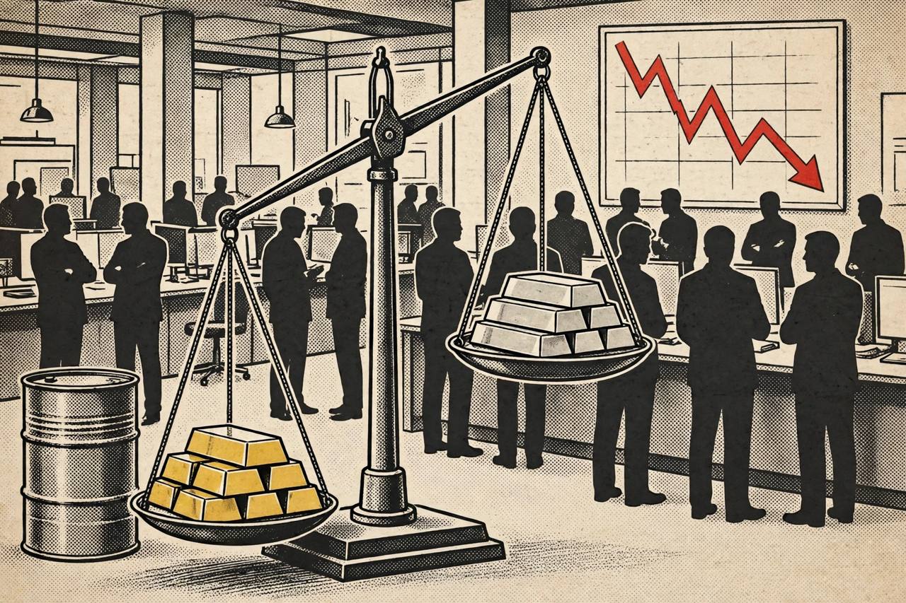 Editorial illustration of gold and silver bars on a tipping balance scale with a falling chart arrow and an oil barrel in the background