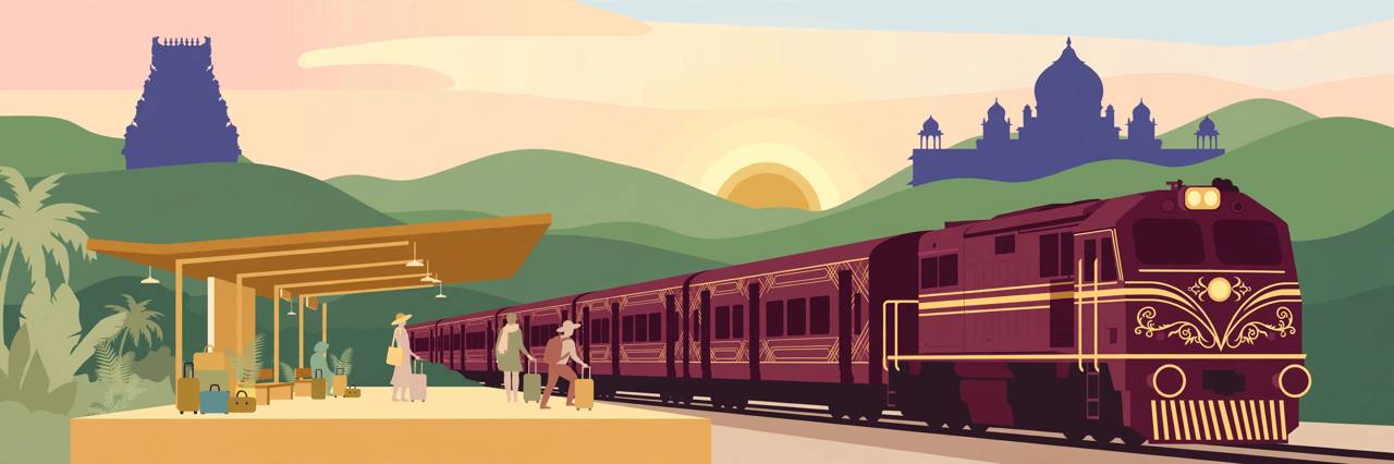 Editorial illustration of a maroon-and-gold luxury tourist train leaving a South Indian station at sunrise, with temple and palace silhouettes behind it; no real person depicted