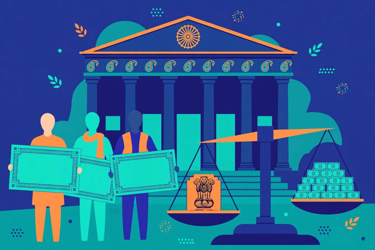 Editorial illustration of a columned public-sector bank building, generic faceless investors holding blank share certificates and a balance scale weighing a government emblem against stacks of shares — no real person's likeness, no text