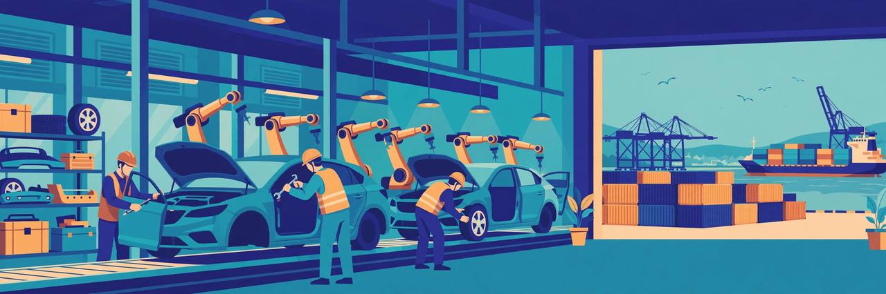 Editorial illustration of a car assembly line inside a factory in India, with generic workers and robotic arms building new cars for export