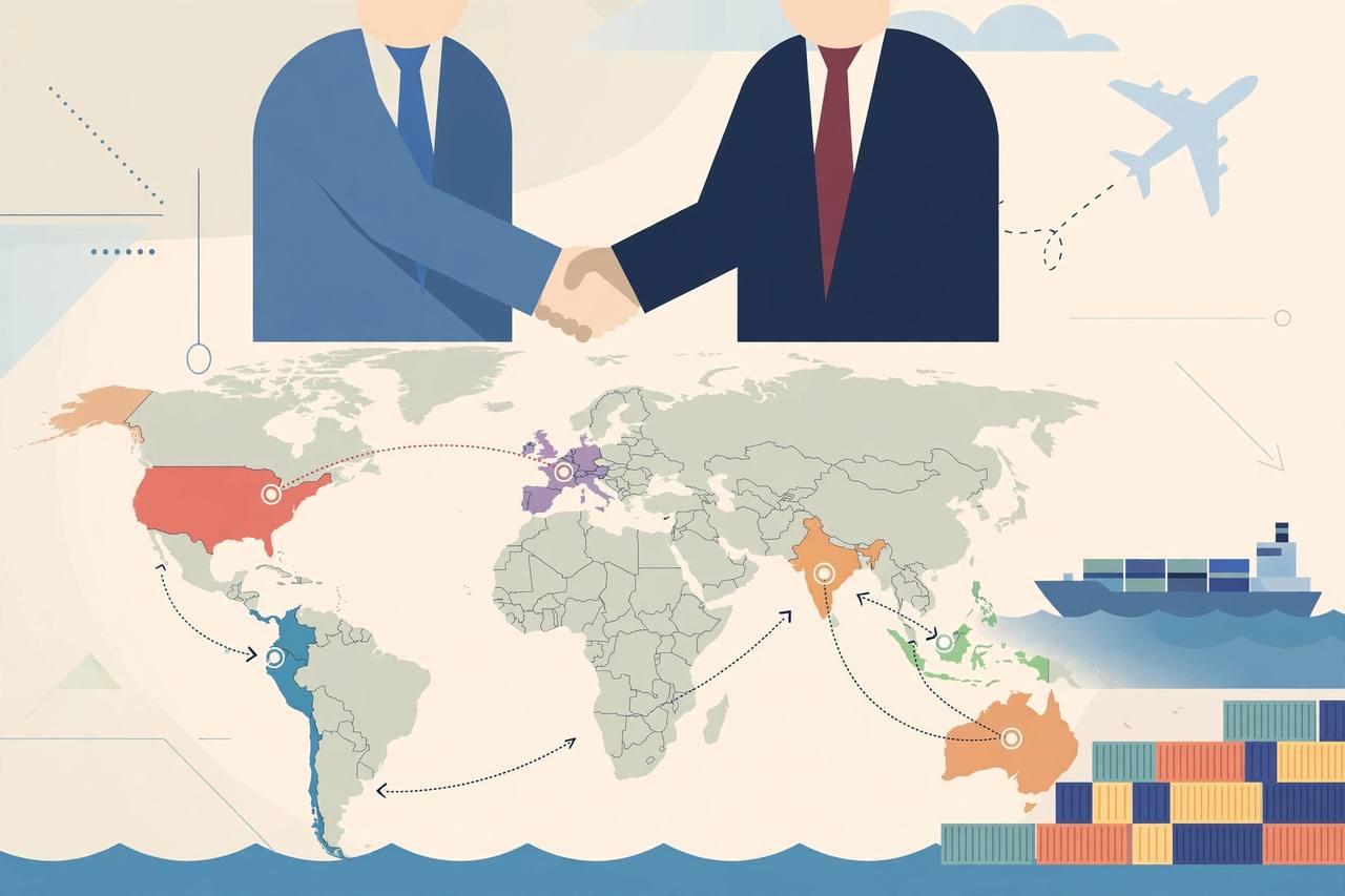 Editorial illustration of generic business figures shaking hands over a world trade map with a cargo ship and containers