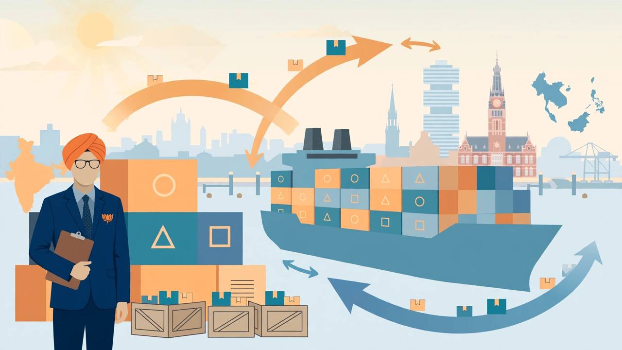 Editorial illustration of a generic Indian trade official beside cargo containers and a container ship, with trade arrows and The Hague skyline in the background