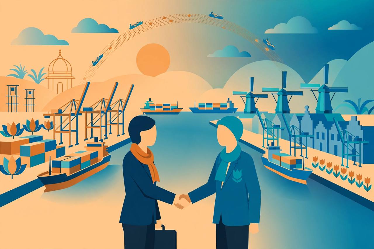 Editorial illustration of generic business people shaking hands in front of a stylised cargo port with cranes, container ships and windmills