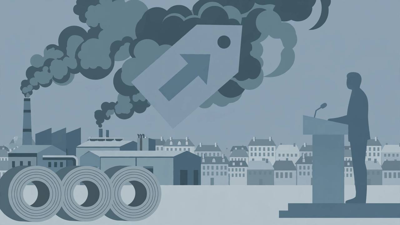 Editorial illustration of a steel factory, steel coils and a speaker at a podium under rising carbon smoke, generic figures