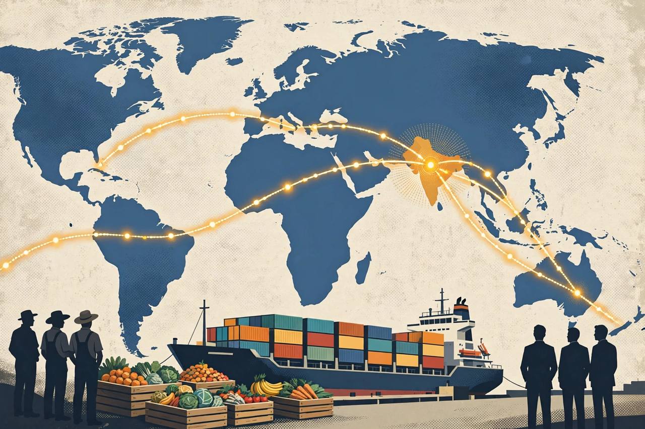 Editorial illustration of a world map with glowing trade routes radiating from India, a container ship and crates of farm produce in the foreground