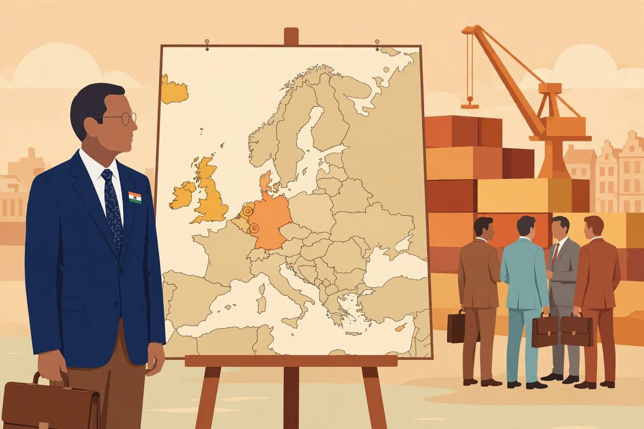 Editorial illustration of a generic trade delegation, a Europe map highlighting Germany and the Netherlands, cargo containers and a port crane — no real person's face