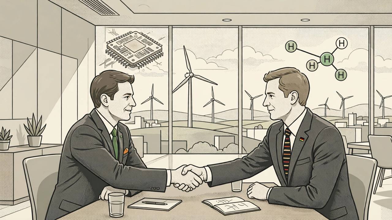 Editorial illustration of two generic delegates shaking hands in a Berlin conference room with semiconductor and green-energy motifs