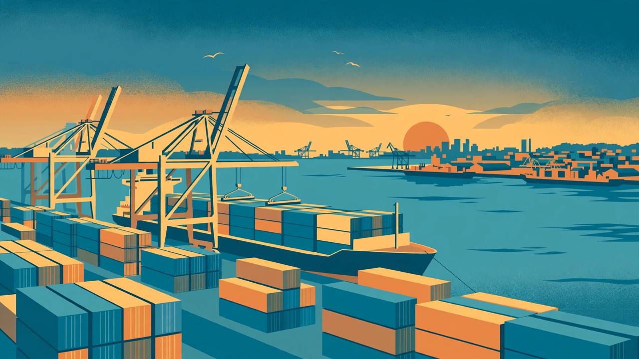 Editorial illustration of a large container port with cranes and a cargo ship at dusk, with another port skyline across the water