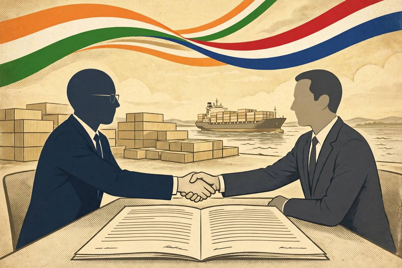 Editorial illustration of generic negotiators shaking hands over a trade agreement with cargo containers and a ship behind them