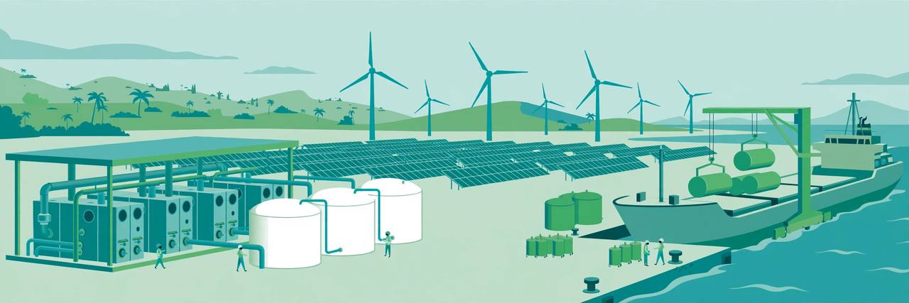 Editorial illustration of a green hydrogen plant with electrolyser units, storage tanks, solar panels, wind turbines and a cargo ship loading green ammonia, generic workers, no text