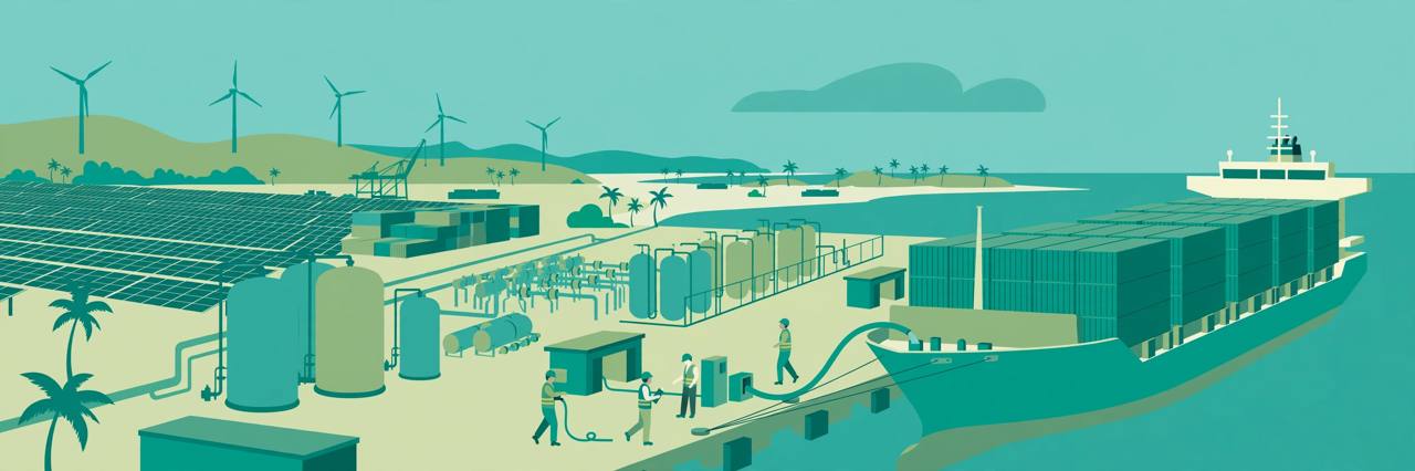 Editorial illustration of a container ship being refuelled at a green Indian port with wind turbines and hydrogen tanks