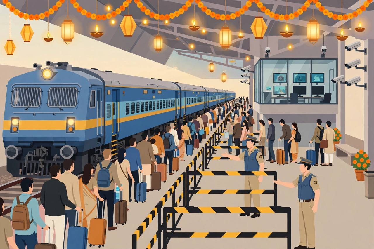 Editorial illustration of a busy Indian railway station platform in festival season with a passenger train, orderly queues of generic travellers behind barricades, generic railway police figures guiding passengers, CCTV cameras, a control room and Diwali lanterns; generic figures only, no real person depicted