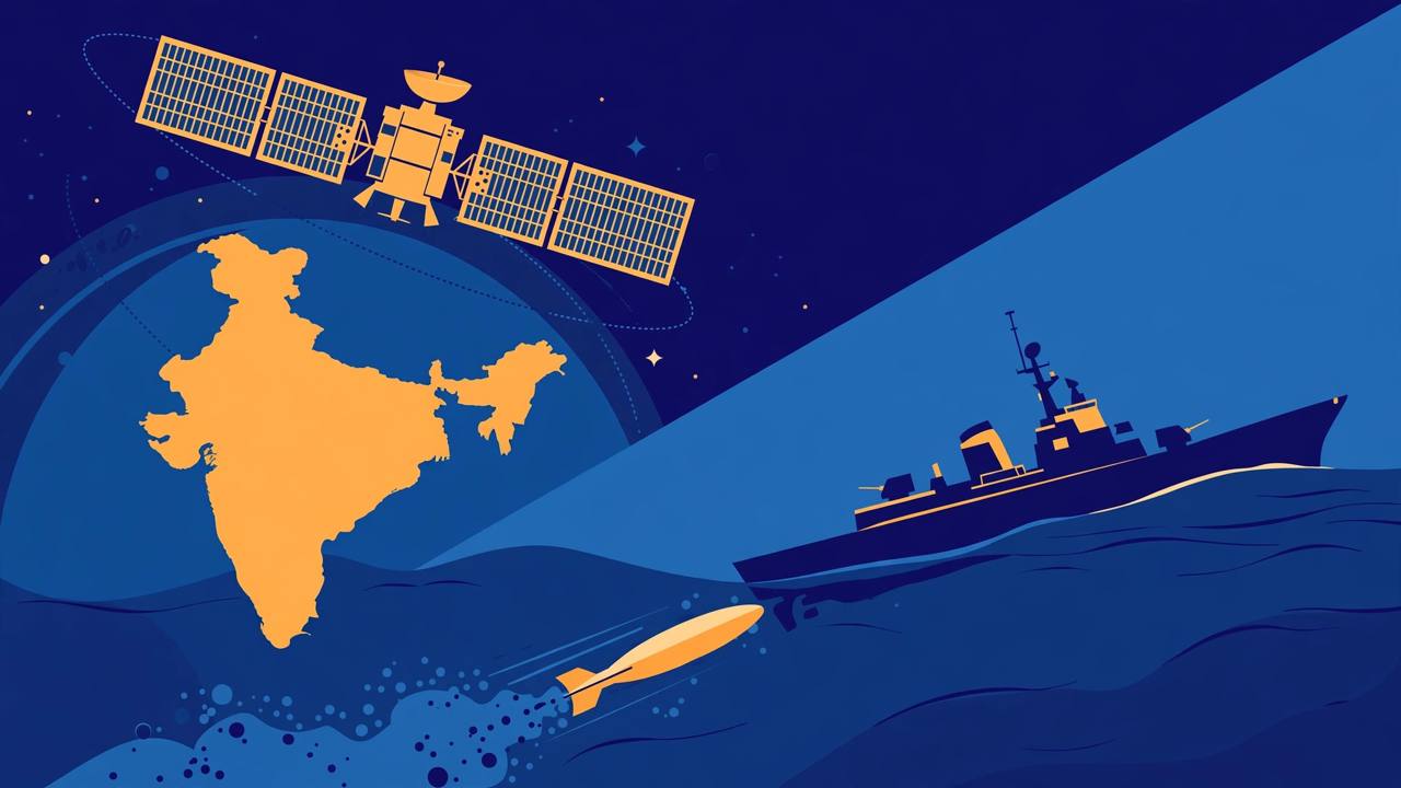 Editorial illustration of a communications satellite above India and a naval warship with an underwater torpedo