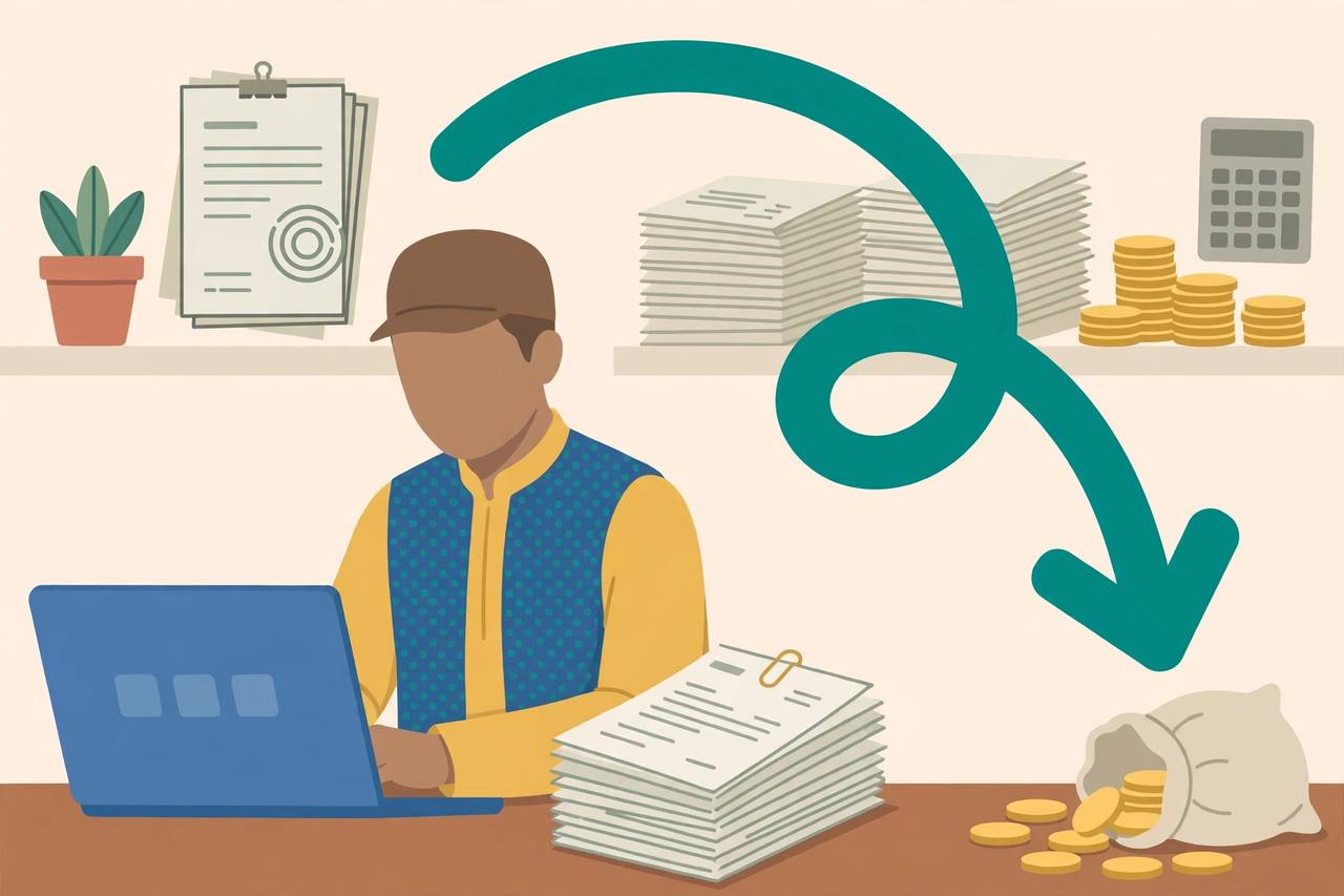 Editorial illustration of a small shopkeeper with invoices, a laptop and a refund arrow