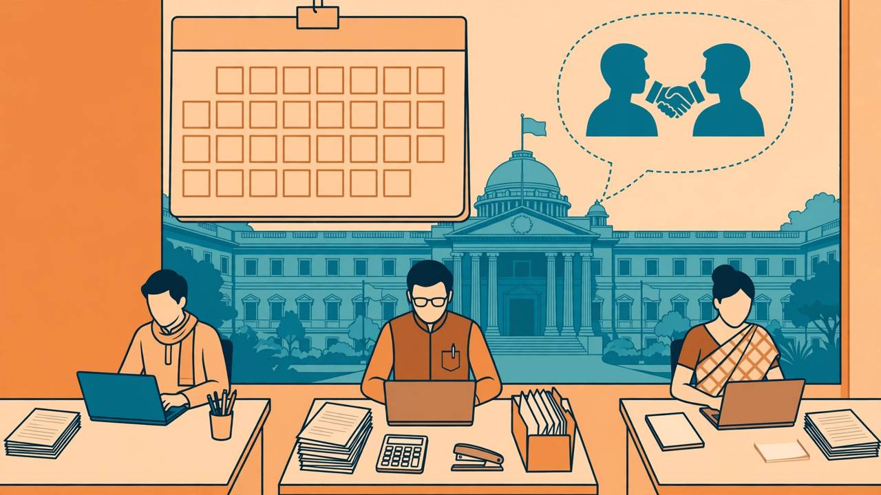 Editorial illustration of generic Indian business owners and an accountant working on laptops with blank paper forms, a large calendar and a government building behind them — flat style, no text, no real person's face