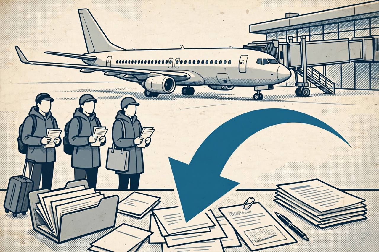 Editorial illustration of a generic passenger jet and travellers with cancelled-flight refund documents