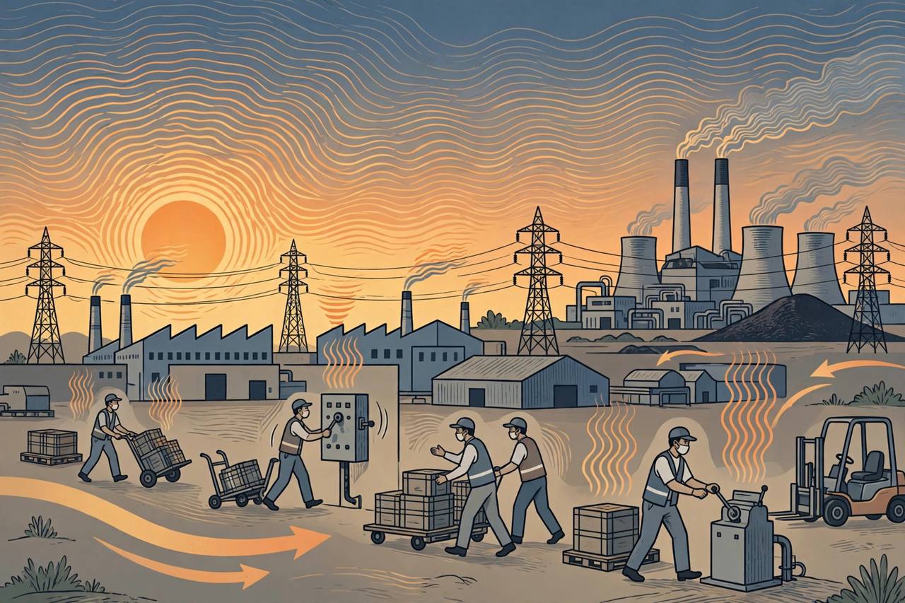 Editorial illustration of Indian factories and a coal power plant at dusk during peak electricity demand