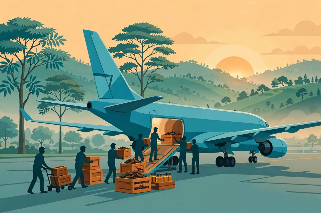 Editorial illustration of workers loading crates of agarwood chips and bottles of agarwood oil onto a cargo aircraft at Guwahati airport with Assam hills and Aquilaria trees behind