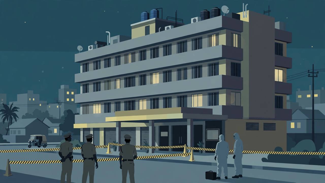 Editorial illustration of a generic hotel exterior in an Indian city at night with a police cordon and generic investigators standing outside, somber colours