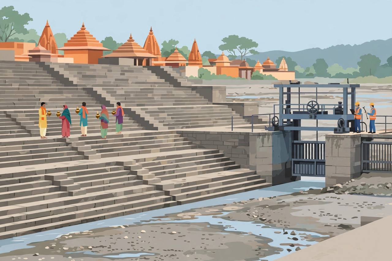 Editorial illustration of the stone steps of a river ghat in Haridwar with very low water, generic pilgrims holding small brass vessels, temple rooftops behind and a canal gate to one side