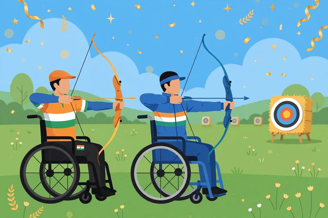 Editorial illustration of two generic para archers drawing recurve bows towards a target