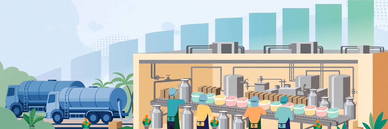 Editorial illustration of a dairy processing plant with milk tankers and generic workers handling milk cans and product tubs